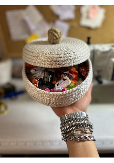 Hasır Sepet, Kapaklı Dekoratif Sepet, Çok Amaçlı Kutu, Ekru Şekerlik Sepeti