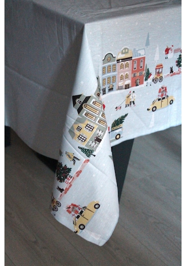 Pamuklu Yılbaşı Noel Temalı Kumaş Masa Örtüsü 150x200 Ebat 2025-knrev Mavi