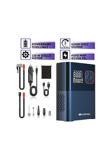 5659 Çantalı 6000mah Şarjlı 130w Araç Çakmaklıklı Kompresör