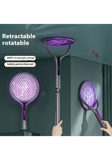 Boatshop1 Yeni Çok Fonksiyonlu Without Telescopic Rod Katlanabilir Usb Elektrikli Sinek Raket Döner Başlıklı İç Mekan Ofis Kamp İçin Mor Böcek Işıklı