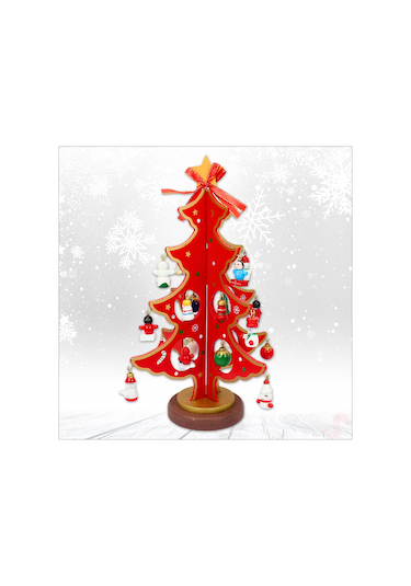 20 Parça Süslü Ahşap 27cm Mini Yılbaşı Ağaç Seti - Kırmızı