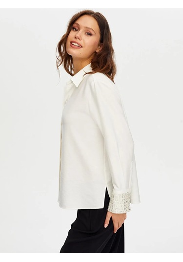 Faik Sönmez Kolları Boncuk Payet İşli Şık Kadın Gömlek W26gml011 Ekru
