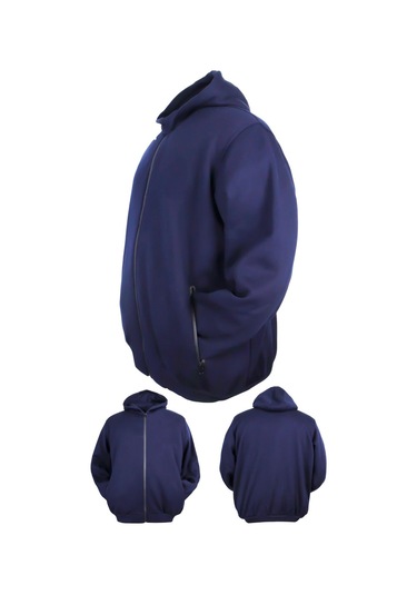 Erkek Büyük Beden 105 - 185 Kilo Arası İçin Uygun Kapüşonlu 3 İplik Şardonlu Kışlık Kalın Sweat Mont Indigo