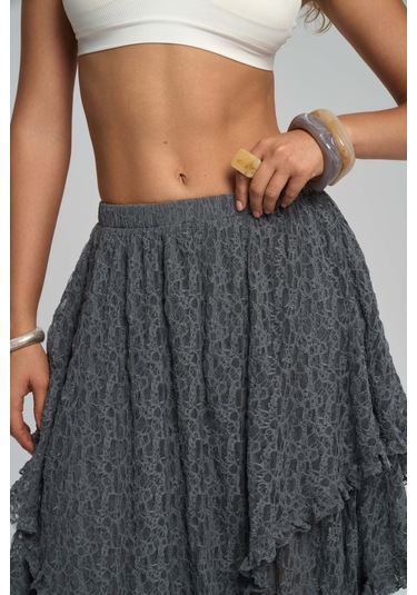 Mireya Asimetrik Antrasit Dantel Etek Antrasit