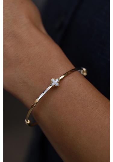 14 Ayar Altın Tek Sedefli Yonca Detaylı Kelepçe Sarı Altın