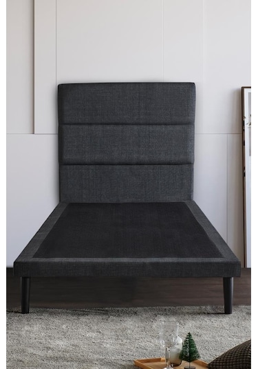 Niron Slim Baza Ve Başlık Takımı 90x190 Tek Kişilik Gri Kumaş Kaplı Metal Karyola Ve Başlık Seti