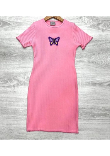 Kelebek Detaylı Fitilli Kız Çocuk Elbise Ekru