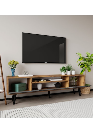 Roma Ahşap Ayaklı Tv Ünitesi Tv Sehpası Ceviz-antrasit