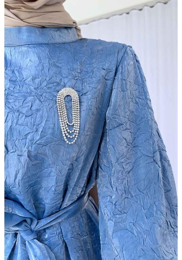 Broş Detay Elbise - Mavi