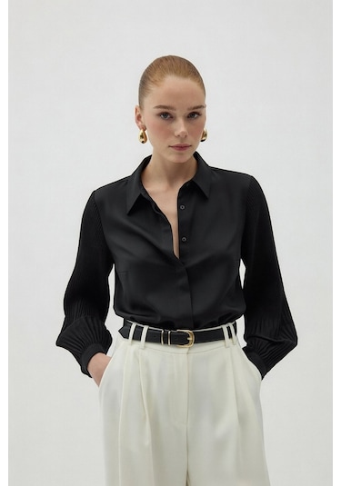 Sateen Plise Kollu Gömlek - Siyah-137085 Siyah