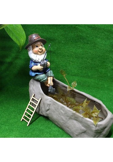 Tenfowee Balıkçı Cüce Heykeli - Akvaryum Ve Bahçe Dekorasyonu - Reçine Bitki Süs Takımı 11x7.5x13.5 Cm