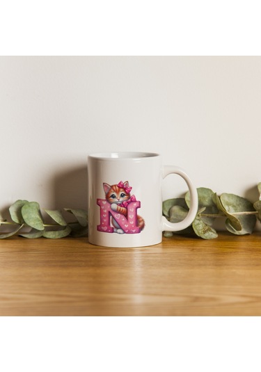 N Harfli Bardak, Sevimli Kedili Pembe Tasarım Bardak, Arkadaşa Aileye Hediye Porselen Beyaz