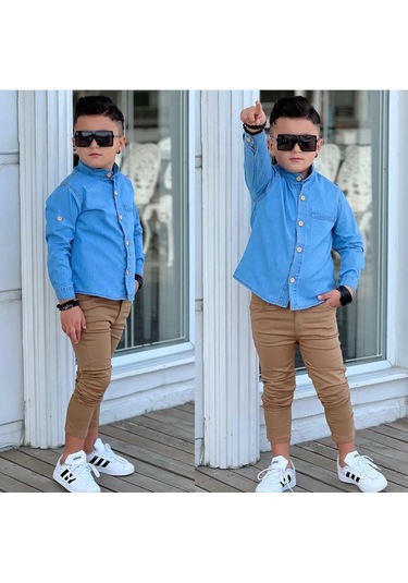 Modavals Hakim Yaka Denım Gömlek & Gabardin Pantolon Erkek Çocuk 2 Li Takım Mavi