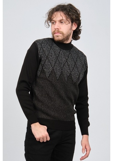 Ateş Triko Erkek Yarım Balıkçı Yaka Desenli Kazak 6091804 Siyah Siyah