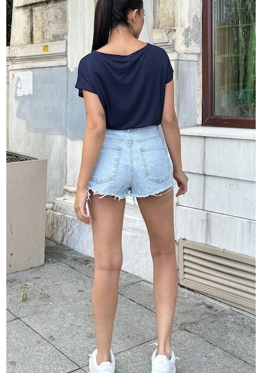 Kadın Lacivert Yarım Kol, Geniş Yaka, Tek Cepli, Beli Lastikli Rahat Crop Bluz Lacivert