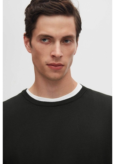 Regular Fit Haki Tüylenme Yapmayan Bisiklet Yaka Triko Kazak Haki