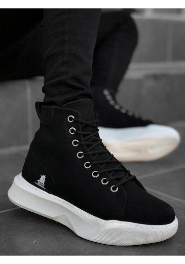 BA0155 Bağcıklı Erkek Yüksek Taban Siyah Beyaz Taban Spor Bot