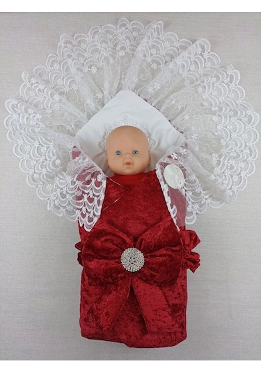 Yenidoğan Saray Kadife Taç Nakışlı İnci Fiyonklu Dantel Duvak Trilüks Kundak Bebek Battaniye Bordo Bordo