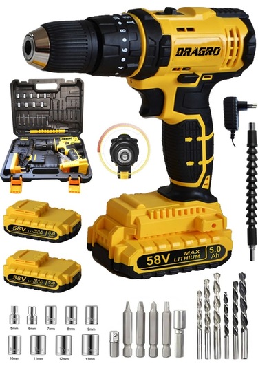 Dragro GTX-58 58V 5 AH Darbeli Çift Akülü Vidalama Makinesi - Sarı