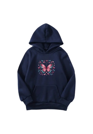 Unisex Oversize Şardonlu Kışlık Renkli Kelebekler Baskılı Kapüşonlu Sweatshirt - Lacivert Lacivert