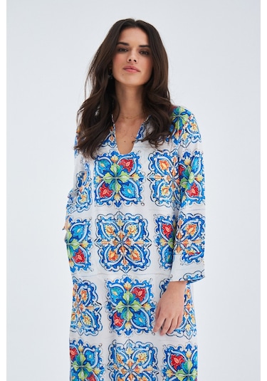 Peraluna RIA CAFTAN Çini Desenli Derin Yırtmaçlı Saten Kadın Kaft Çok Renkli
