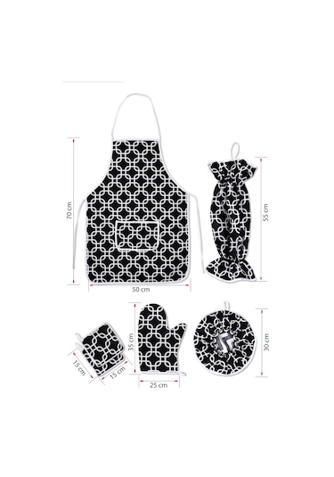 6 Parça Mutfak Seti & Mutfak Önlüğü , Fırın Eldiveni , 2li Tutacak , Organizer Poşetlik , Demlematiksiyah Zincir
