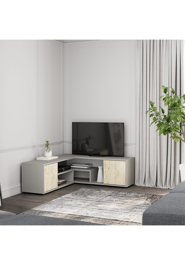 Roza Köşe – Çok Amaçlı, Kapaklı TV Sehpası Gri/Traverten