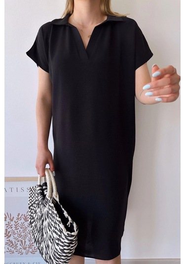 Kadın Siyah Kısa Kol, Polo Yaka, Dokulu Desen, Basic Kalıp/kesim, Aerobin Rahat Midi Elbise Siyah