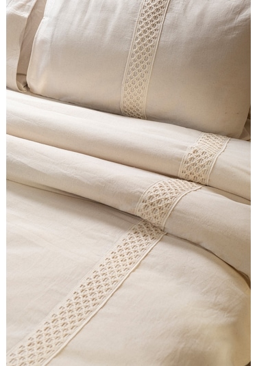 Vivamaison Ham Keten Dantelli Çift Kişilik Nevresim Yastık Seti Lacivert