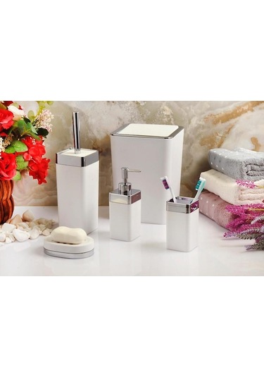 Novahub Akrilik Gümüş Çizgi Beyaz 5'li Soft Kare Banyo Takımı Seti Beyaz Beyaz