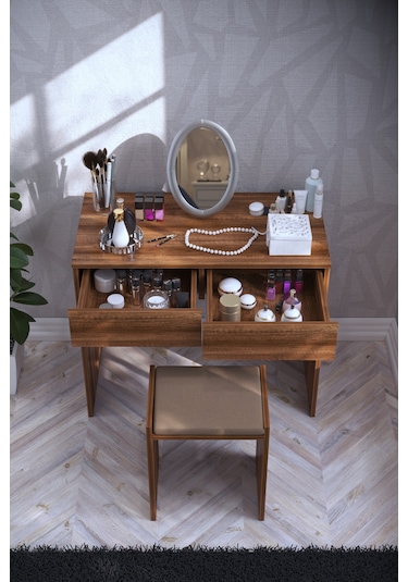 Dekorfim DF02102BR İki Çekmeceli Tabureli Makyaj Masası
