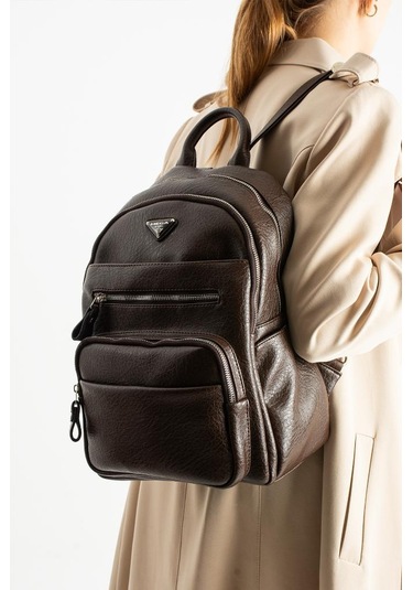 Vegan Deri Kadın Sırt Çantası 35 25 Cm Yağmur İtici Kumaş Mega Bag Günlük Kullanıma Uygun Kahverengi