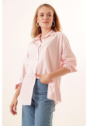 Bigdart 3900 Oversize Uzun Basic Gömlek - Pudra 001