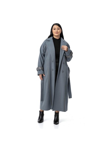 Büyük Beden Deri Biye Detaylı Fleto Cepli Kuşaklı Astarlı Kaşe Uzun Mavi Kaban Mavi