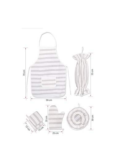Morlay Önlük+Fırın Eldiveni+Tutacak 2 Adet+Poşetlik+Demlematik Mutfak Seti 6'lı Krem - Gri Çizgili