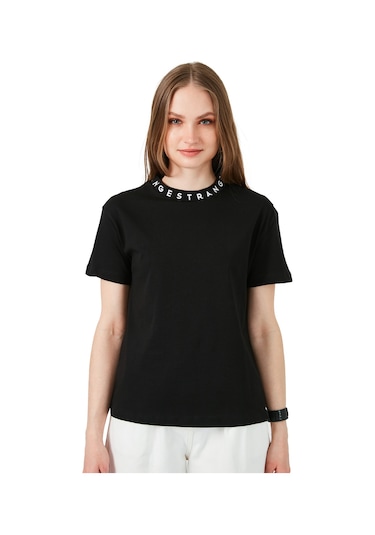 Lela Yakası Baskılı Bisiklet Yaka Basic Örme Bayan T Shirt 5864054 Siyah