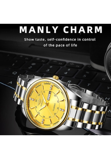 Yashıdun 5069 Çelik Kayış Şık Kuvars İzle Erkekler Aydınlık Takvim Bilek Saati - Altın Kadran