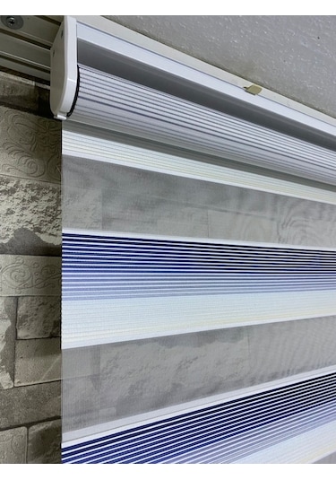 Mavi Gri Mini Plise Zebra Perde (Etekli)