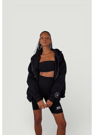 Holly Lolly Uzun Kol Kapüşonlu Fermuar Kapamalı Hoody Sweatshirt Siyah