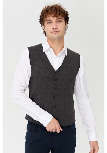 Erkek V Yaka İnce Triko Yelek O.füme O.füme