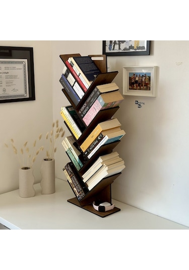 Mk10 - Geometrik 8 Raflı Ağaç Kitaplık Ceviz