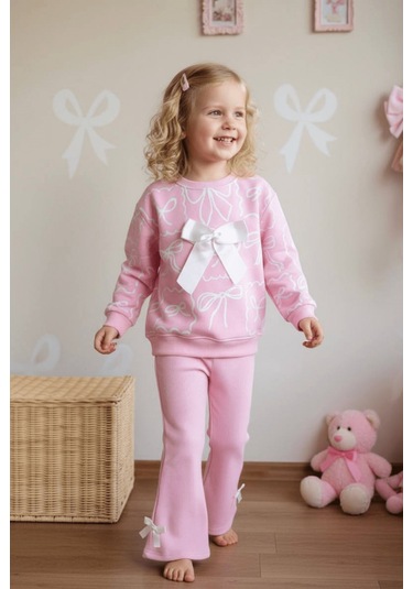 2-8 Yaş Fiyonk Detay Sweat Ve İspanyol Kız Çocuk Takım Pembe Pembe