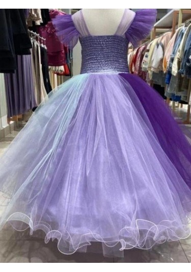 Kız Çocuk Deniz Kızı Tarlatanlı Abiye Elbise-13691 Mor