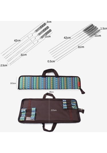 Wondernest Açık Piknik Paslanmaz Çelik Barbekü Seti, U Şeklinde İğne Çatal, Ahşap Saplı 7 Parça Çok Renkli Çok Renkli