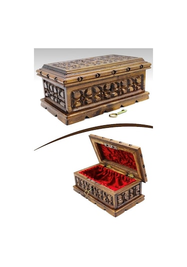 Ahşap Oyma İşlemeli Kilitli Sandık Kutu 24 cm