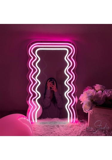 90 Cm Ledli Desenli Dekoratif Duvar Boy Aynası Şeffaf