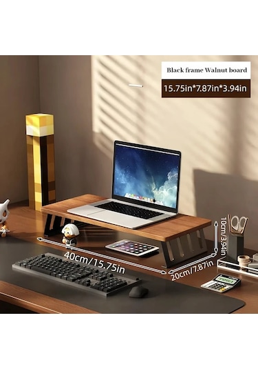 Motion003 Ergonomik Ahşap Monitör Standı Siyah Çerçeve Ceviz Tahtası 40 Cm Büyük Çift Ekran Masa Rafı