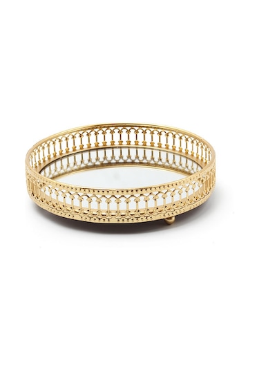 Shineyee Küçük Altın Renkli İç Aynalı Metal Dekoratif Ev Gereci, Modern İç Dekor İçin Mükemmel Makyaj Ve Aksesuar Saklama Tepsisi