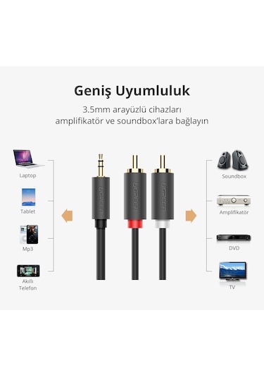 Ugreen 3.5mm Aux Rca Ses Kablosu, 1 Metre, Antrasit, 10772