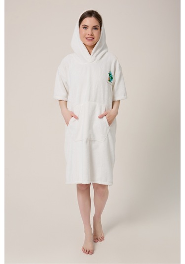 Palmiye Sörf Nakışlı Yetişkin Sörf Yazlık Panço Kapüşonlu Plaj Havlusu Krem Krem